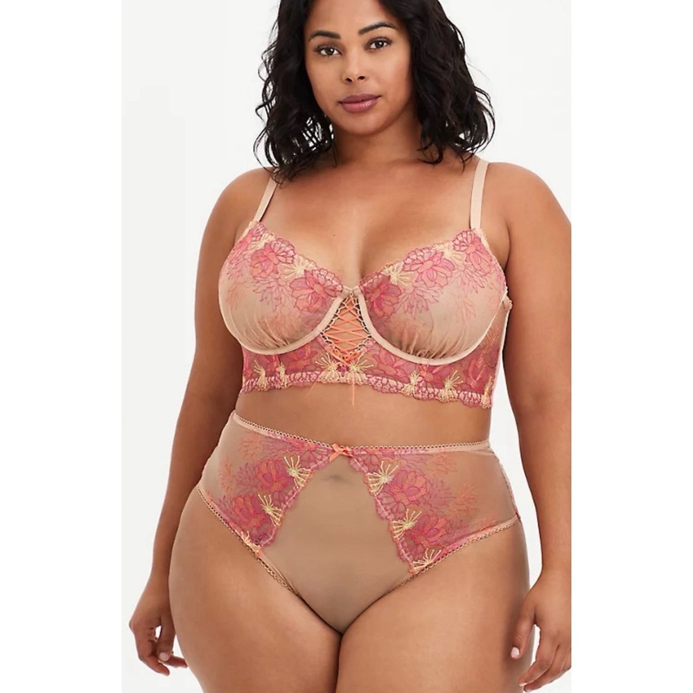 Torrid Underwire Embroidered Mesh Unlined Lace Longline Bra and Panty NWT